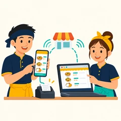 แอปบนมือถือและเว็บบนคอมพิวเตอร์ใช้ข้อมูลร้านเดียวกัน โดยแอปเชื่อมต่อเครื่องพิมพ์